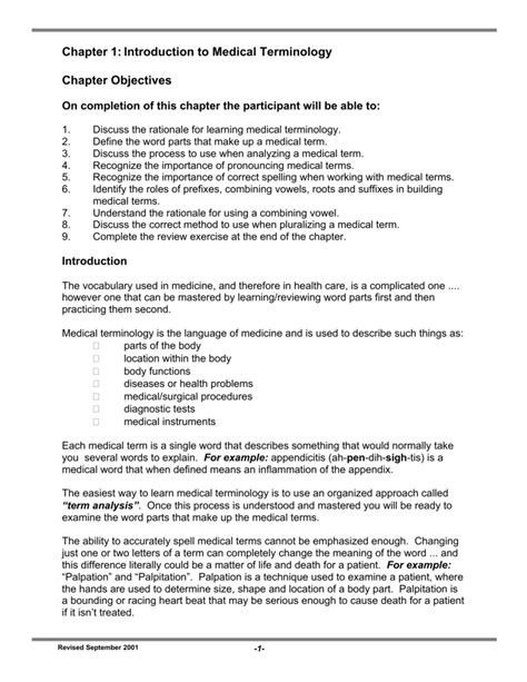 Chapter 1 Introduction To Medical Terminology Chapter Objectives