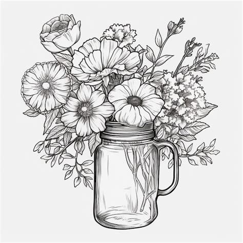 Premium Photo A Drawing Of A Mason Jar Filled With Flowers And A