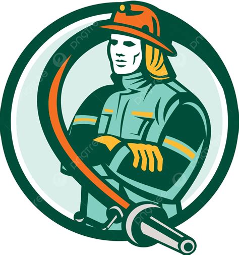 Fireman Firefighter Folding Arms Circle Retro Worker Fire Fighter Fire Hose Vector Worker Fire