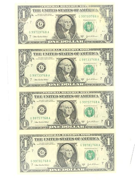 Lot 4 Sheets Uncut Us Bank Notes 1 2 5 10