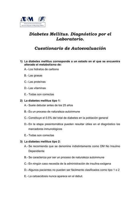 Diabetes Mellitus. DiagnÃ³stico por el Laboratorio. Cuestionario de
