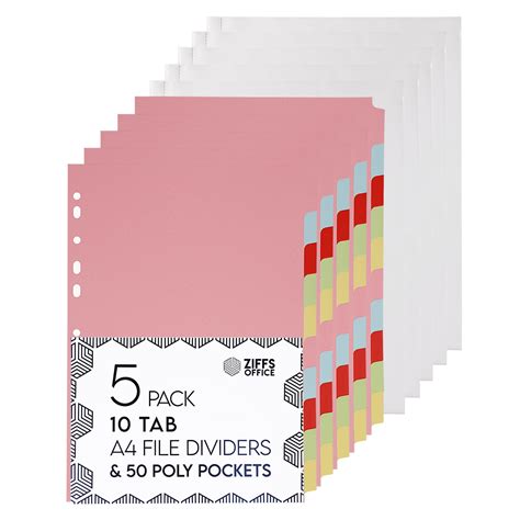 Buy Ziffs Office 5 Pack A4 File Dividers 10 Part 50 Poly Pockets