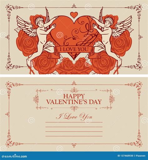 Vintage Valentine Card With Cupid Heart And Roses Stock Vector