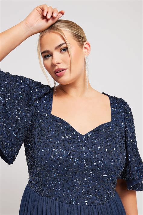 Luxe Plus Size Curve Navy Blue Sequin Sweetheart Ruffle Maxi Dress