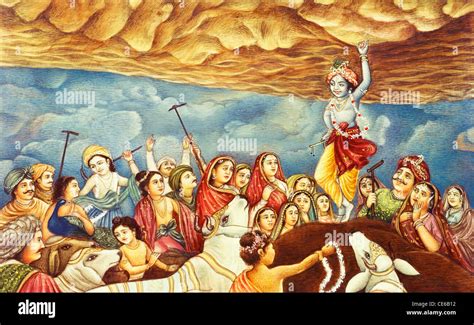 Lord Krishna Lifting Govardhan Parvat Mountain With Little One Finger