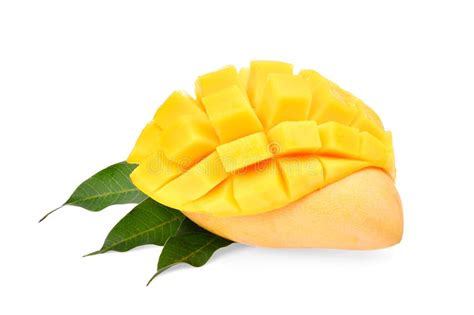 Whole And Slice Ripe Mango Fruit With Green Leaves Isolated Stock Photo