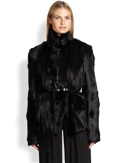 Lyst Donna Karan Belted Goat Fur Coat In Black