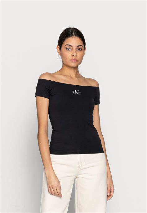 Calvin Klein Jeans Monogram Slim Bardot Top T Shirt Med Print Black