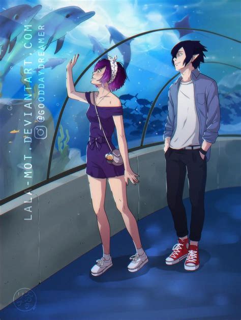 Two Anime Characters Standing In Front Of An Aquarium