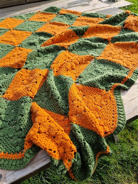 Vintage Crochet Blanket Orange Throw Blanket Nordic Blanket Square