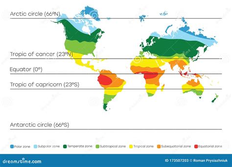 Mapa Mundial Con Zonas Climáticas Líneas Ecuadoras Y Trópicas Círculo