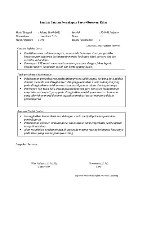 Lampiran 6 Lembar Catatan Percakapan Pasca Observasi Kelas Lembar