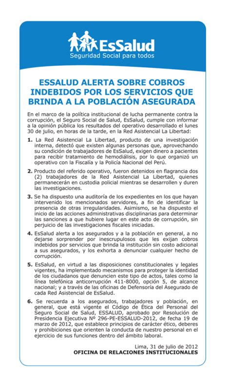 Essalud Alerta Sobre Cobros Indebidos Por Los Servicios Que Brinda A La