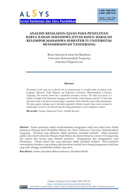 Pdf Analisis Kesalahan Ejaan Pada Penelitian Karya Ilmiah Mahasiswa