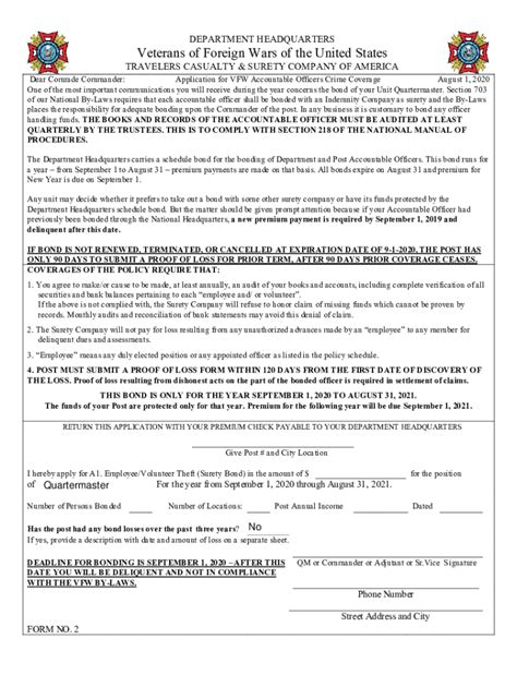 Fillable Online VFW Accountable Officers Bond Application Form