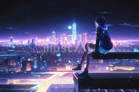 ビルの屋上から街の夜景を見る少女イラスト No 23665105｜無料イラスト・フリー素材なら「イラストac」