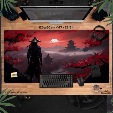 Red Samurai Desk Mat Japanese Mouse Pad Large Gaming Mousepad Led