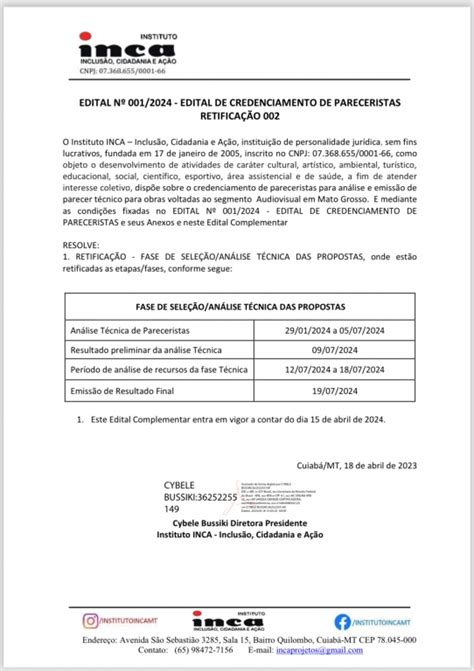 Instituto INCA retifica fase de seleção e análise técnica das propostas