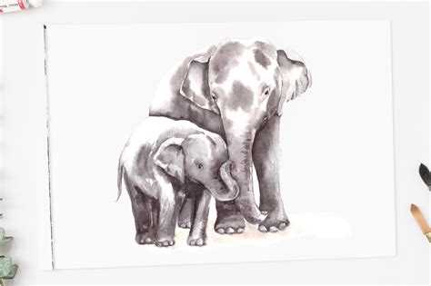 Watercolor Mother & Baby - Elephants - Clip Art & Print By TatiBordiu ...