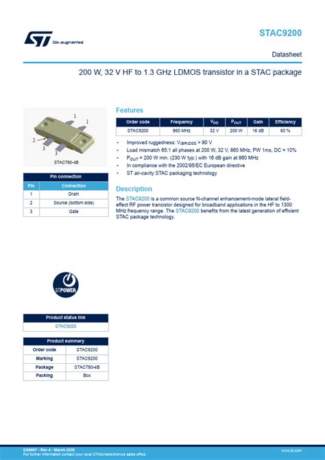 STAC9200 STMicroelectronics transistor Hoja de datos Ficha técnica