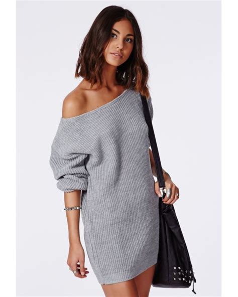 Missguided Off Shoulder Knitted Sweater Dress Grey In Gray Lyst