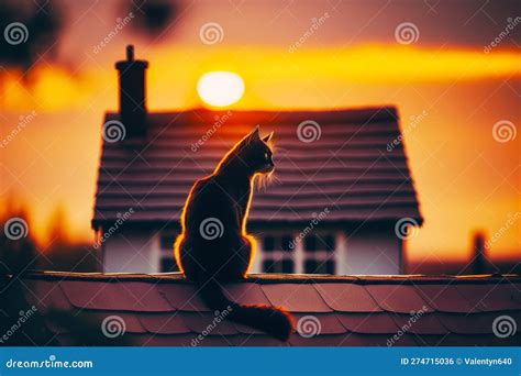 Cat Sitting On Top Of Roof Watching The Sun Go Down In The Distance