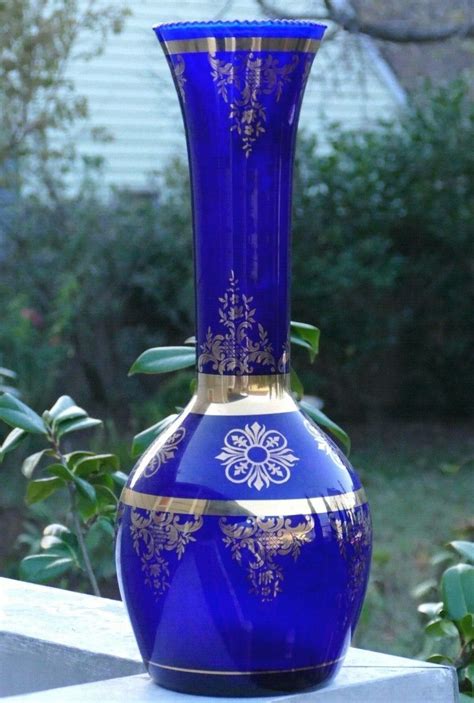 Cobalt Blue Bohemian Czech Gold Accented Glass Vase 16 3 4h Other