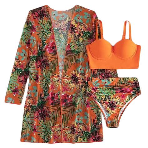 Wreesh Womens Piece Swimsuits Tropical Print Bikini Set With Kimono