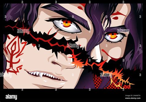 Face of a male warrior with long hair and red eyes. Vector image in manga and anime style Stock ...