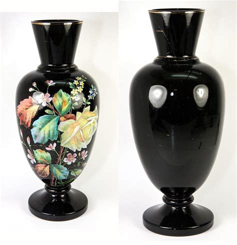 Antique Bohemian Opaline Vase 13 Tall Enamel On Black Glass Harrach Or Moser