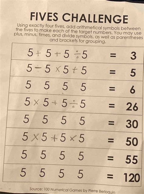 Solved: FIVES CHALLENGE Using exactly four fives, add arithmetical ...