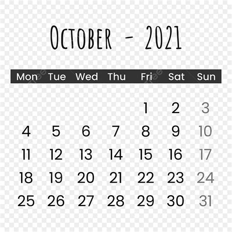 Calendário De Outubro De 2021 Em Preto PNG Outubro De 2021