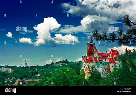 Bran overview with legendary Dracula Castle dominating Stock Photo - Alamy