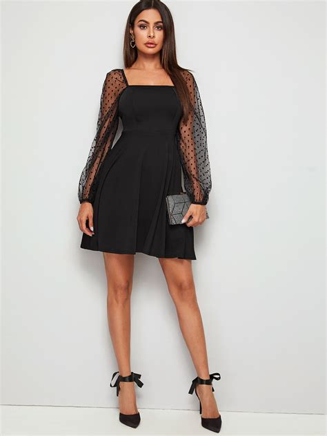 Shein Privé Dobby Mesh Sleeve Square Neck Dress Shein Eur