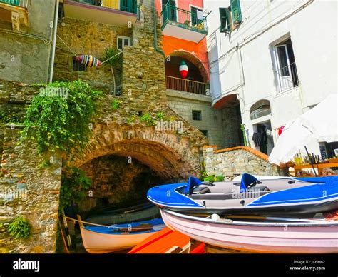 Colorful Fish Boats At Riomaggiore Cinque Terre Italy Stock Photo Alamy