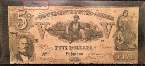 1861 Confederate States Of America 5 Five Dollar Bill Civil War