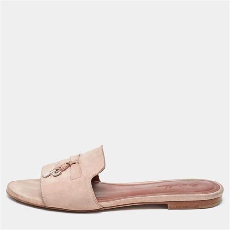 Loro Piana Light Pink Suede Summer Charms Flat Slides Size Loro