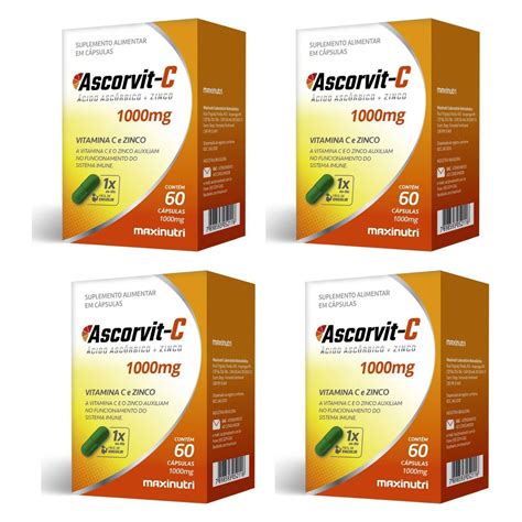 Kit 4 Ascorvit C 1000mg 60 Cápsulas Maxinutri Corpo Suplemento