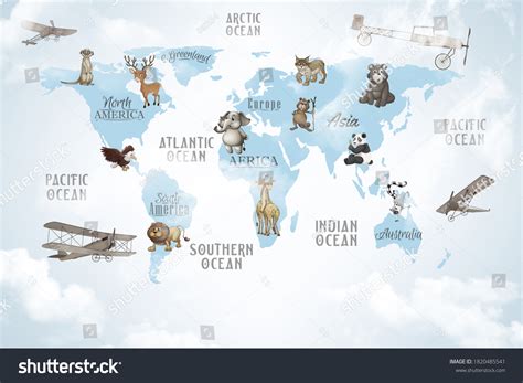 Animals World Map Kids Wallpaper Design Stock Illustration 1820485541