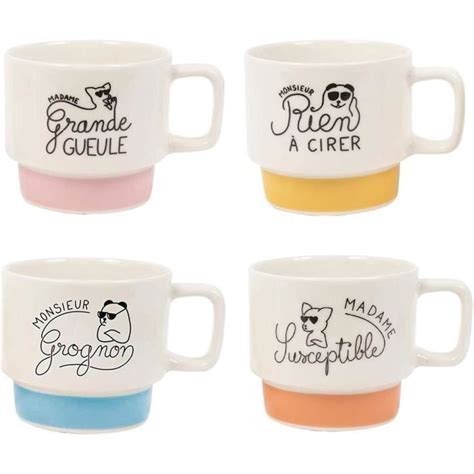 X Tasses Caf Empilables Monsieur Madame Grognon Susceptible