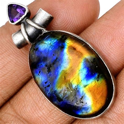 Pendentif protection labradorite et améthyste monture argent 925 ref 2463