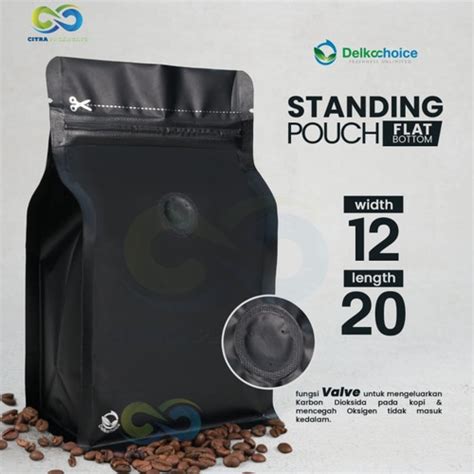 Jual KEMASAN KOPI STANDING POUCH FLAT BOTTOM VALVE 100 Gram 12 X 20