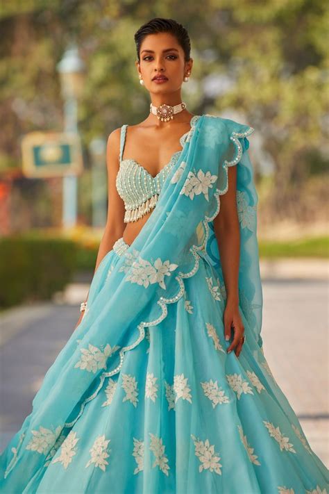 Buy Blue Lehenga And Dupatta Organza Hand Scallop Hem Blouse Set For