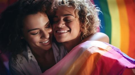 Dos Chicas Lesbianas Con La Bandera Del Arco Iris Felizmente Sonriendo