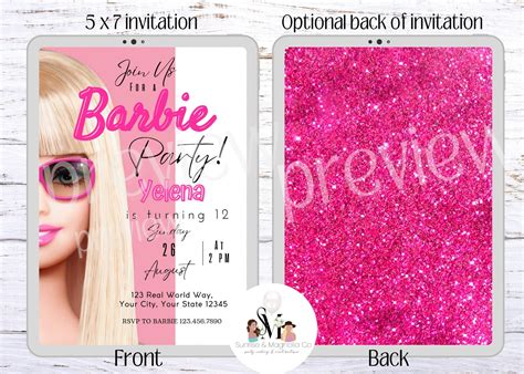 Barbie Birthday Invitation Fashion Doll Girl Party Invite