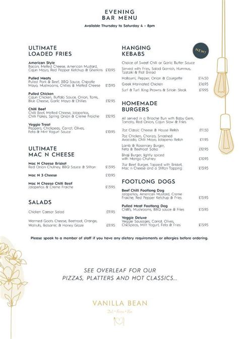 Menu at Vanilla Bean cafe, Huddersfield