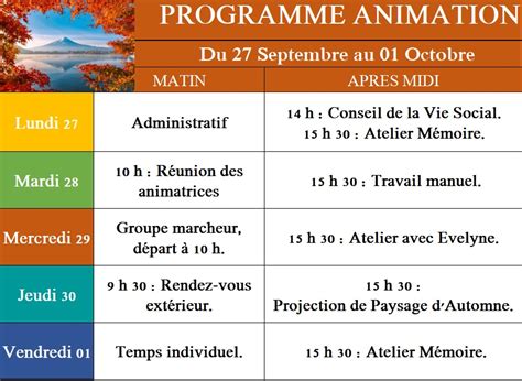 Animations De La Semaine Du Septembre Au Er Octobre Ehpad