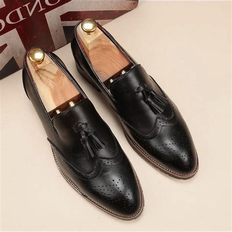 Handmade Men Wingtip Brogue Tassels Shoes Black Color Dress Shoes