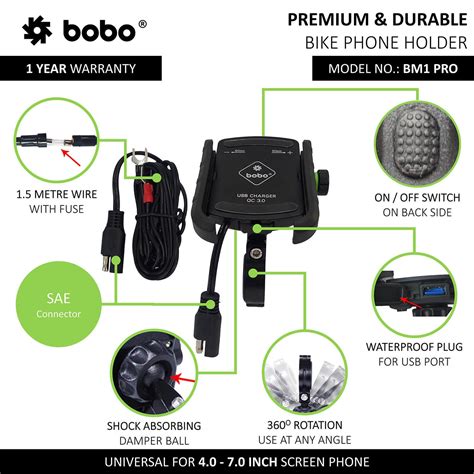 BOBO BM1 PRO Jaw Grip Bike Phone Holder With Fast USB 3 0 Charger SAE