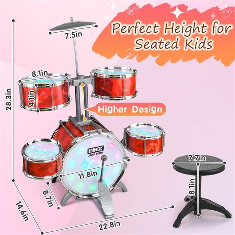 Toddlers Drum Set for Kids 3-5 with 5 Light up Drums, Higher Bracket of ...